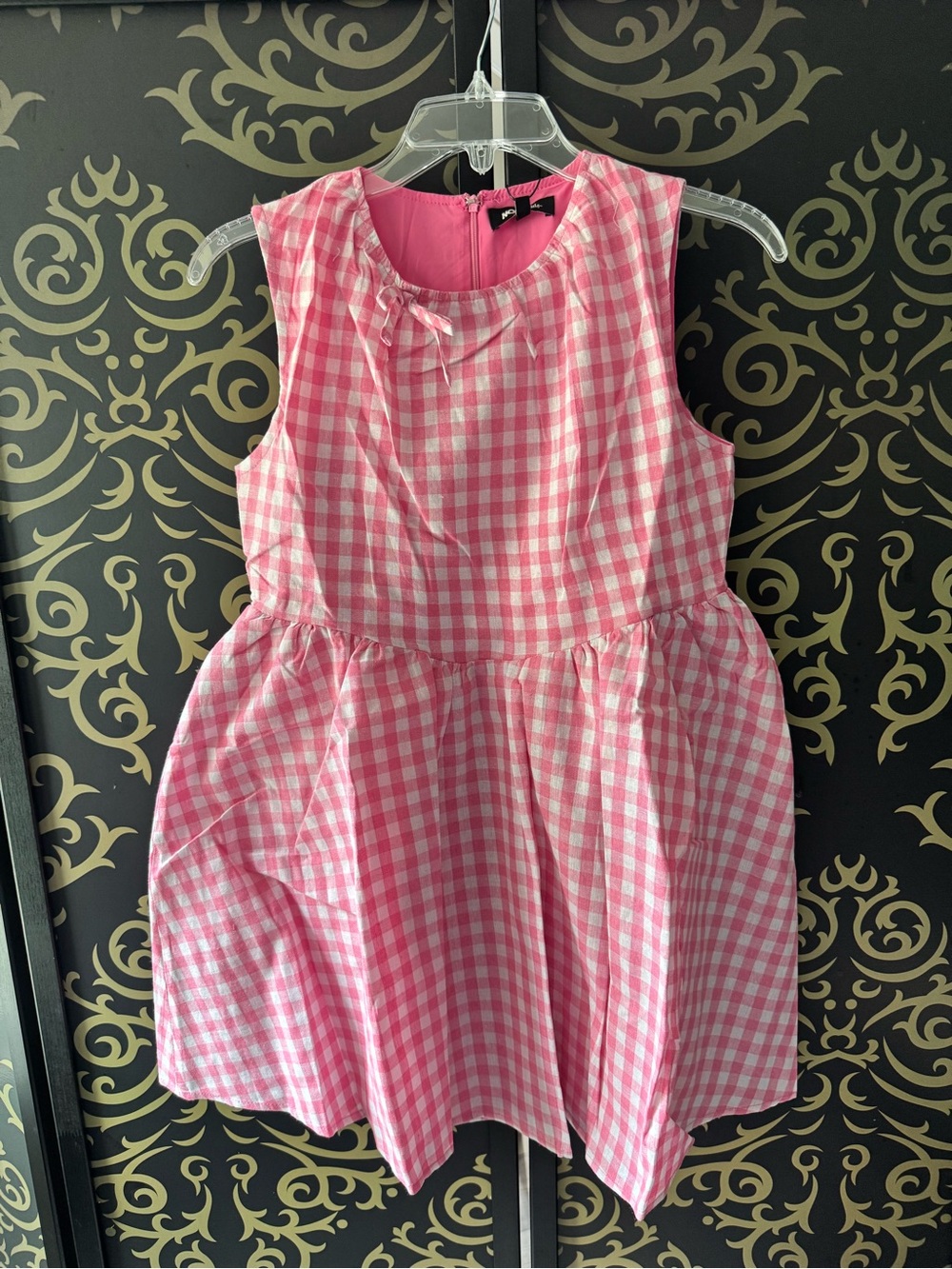 Fashion Nova Pink Gingham Bow-Detail Sleeveless Twirl Dress
